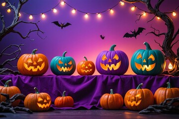 Photo-realistic Halloween backdrop with deep purple gradient, warm string lights, glowing mixed-color jack-o'-lanterns (orange, purple, teal), bats, twisted branches, and pumpkins with purple fabric
