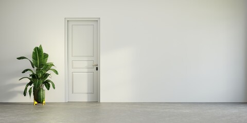 White door in a white wall and green plants, minimalist