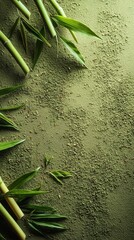Top-Down Green Textured Background with Tea Leaves and Bamboo
