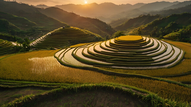 Scenic Photography of Curved Rice Fields Illuminated by Warm Sunset