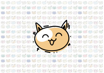 cat emoticon face with doodle emoticons pattern background vector design