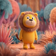 A plush lion character with a fluffy mane stands confidently in a colorful forest, surrounded by visually striking plants and trees, creating a cheerful atmosphere.