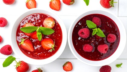 Two bowls of red fruit compote are arranged side by side on a white wooden surface. One features strawberries, the other raspberries, both garnished with mint. Overhead view