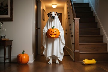 Photo-realistic dog in a white ghost sheet holding a lit Jack-o'-lantern, standing in a warm-lit hallway with wooden stairs, creating a cozy Halloween atmosphere