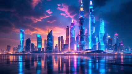 Vibrant futuristic cityscape glows with neon lights reflecting on wet pavement creating a dazzling urban spectacle of modern architecture and dynamic energy - Powered by Adobe