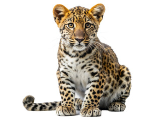 Fototapeta premium Adorable jaguar cub sitting isolated on transparent background, showcasing its beautiful fur and markings, looking at the camera with its cute eyes