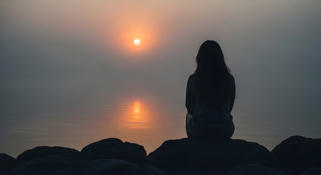 Silhouette of a woman watching the sunrise over the ocean peaceful morning contemplation serene scene tranquility calm sunrise view ocean rocks solitude