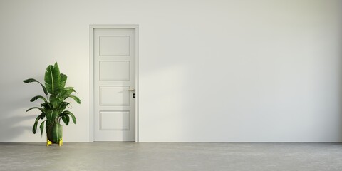 White door in a white wall and green plants, minimalist