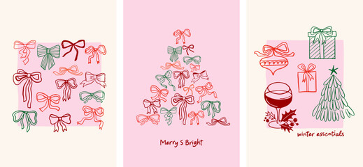 Merry Christmas, hand drawn illustrations, vertical Christmas cards in modern vintage style. Christmas eve, whimsical bows, Christmas tree made with ribbons, wine, vintage toys, gifts and tree