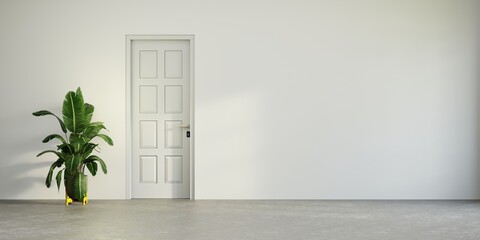 White door in a white wall and green plants, minimalist