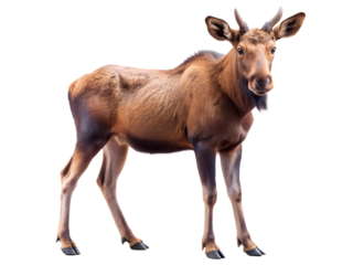 Young moose standing isolated on transparent background, showcasing its brown fur and small antlers, a captivating wildlife portrait in natural light
