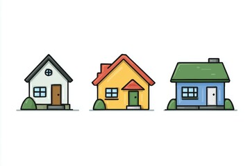 Colorful cartoon houses representing different architectural styles set against a white background