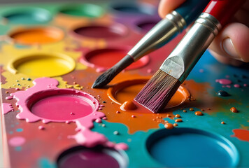 Obraz premium watercolor paints and brushes