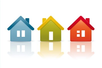 Colorful house icons in blue, green, and orange representing diverse styles and designs for a modern real estate concept