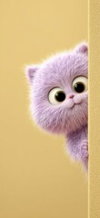 A fluffy purple cat character curiously peeks around the edge of a wall, showcasing its large eyes and playful expression. The soft background highlights its charm.