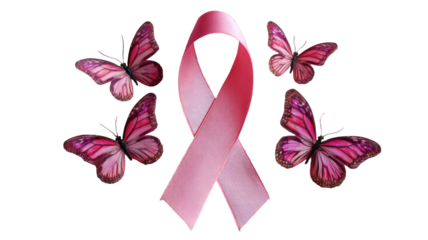Pink ribbon with butterflies symbolizing breast cancer awareness women health prevention hope support isolated on white background