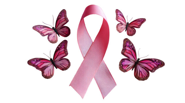 Pink ribbon with butterflies symbolizing breast cancer awareness women health prevention hope support isolated on white background