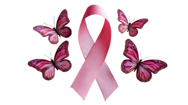 Pink ribbon with butterflies symbolizing breast cancer awareness women health prevention hope support isolated on white background