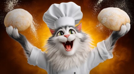Joyful Cartoon Cat Chef Tossing Pizza Dough in the Air Against a Vibrant Orange Background