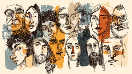 Abstract illustration of diverse faces with expressive features.