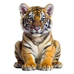 Closeup of a cute tiger cub sitting isolated on transparent background, showcasing its striking orange and black stripes and captivating blue eyes