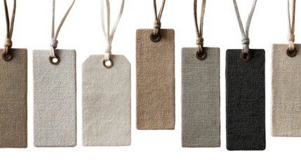 Blank fabric tags, various muted colors, hanging by strings