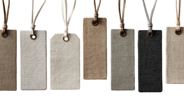 Blank fabric tags, various muted colors, hanging by strings