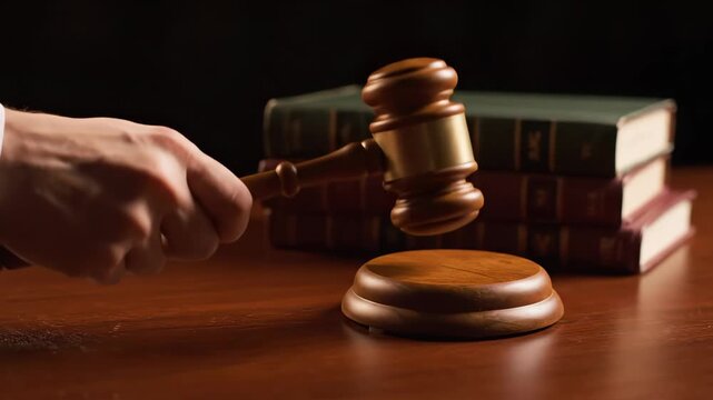 Judge hand hits gavel on sound block in courtroom making a final decision this legal action symbolizes justice power this is a very important law authority verdict moment