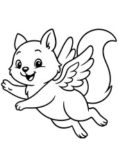 Obraz premium Black and white vector illustration of a cute cartoon squirrel with wings, ideal for engraving, prints, laser cutting, and creative projects