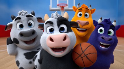 Obraz premium Cartoon Cows Joyfully Posing with a Basketball on a Colorful Court with Friends