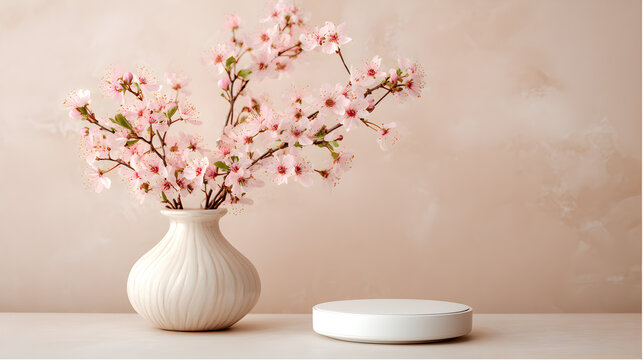 Elegant cherry blossom arrangement in white vase with modern platform, perfect for product display and spring themes