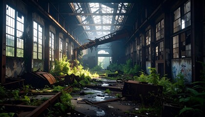 An interior view of a decrepit industrial building, with a collapsed structure overgrown with greenery, and sunlight pouring in through broken windows and roof sections. Decay, nature reclaiming