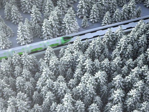Modern green train traveling through snowy forest in winter, 3d rendering