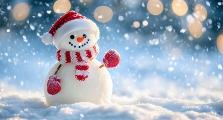 Snowman With Red Scarf and Hat Smiling in Snowy Landscape During Winter Season