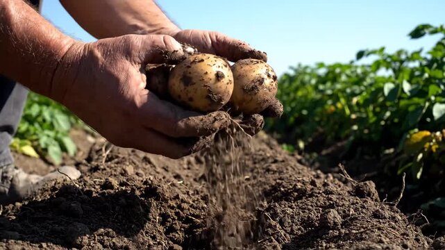 Farmer hands hold fresh potatoes from organic farm showing harvest season this healthy vegetable is a natural food source this is a great agriculture crop