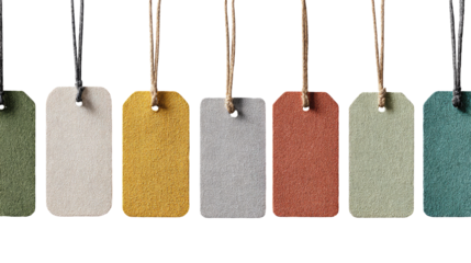 Blank, colorful tags, hanging by string