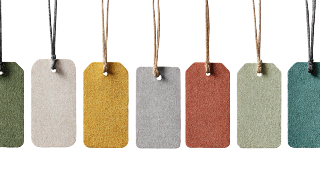 Blank, colorful tags, hanging by string