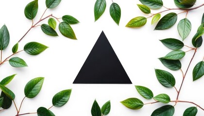 Minimalist Black Triangle Centered Among Green Leaves