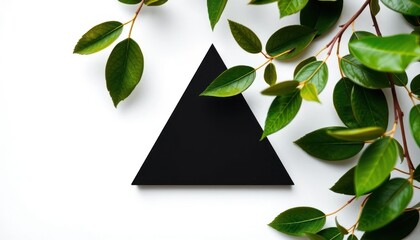 Minimalist Black Triangle Icon with Green Foliage Decor