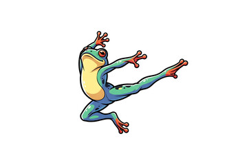 Obraz premium Vibrant Cartoon Frog in Mid-Jump with Colorful Details and Style