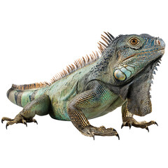 Obraz premium isolated green iguana, dorsal spines sharp, side view, transparent background, stock PNG, textured grain
