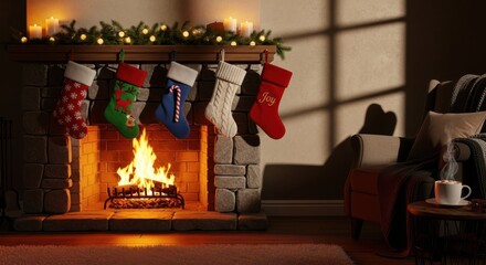 Cozy christmas fireplace with stockings and warm glow