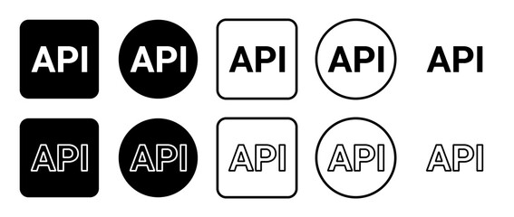 Icon set of api symbol. Filled, outline, black and white icons set, flat style.  Illustration on transparent background