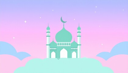 Fototapeta premium Serene pastel mosque silhouette floats among dreamy clouds under a twilight sky with twinkling stars, evoking peace and spiritual wonder for Islamic holidays and celebrations.