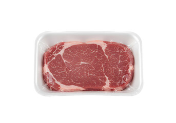 Overhead View of a Raw Ribeye Steak in a Plastic Tray isolated on transparent background