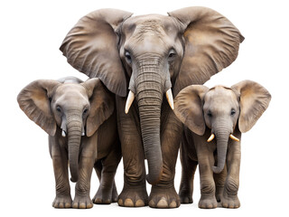 Fototapeta premium Elephant family isolated on transparent background a large adult elephant with two baby elephants standing together looking at the camera