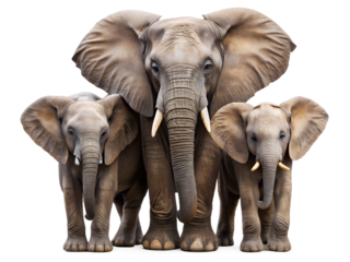 Elephant family isolated on transparent background a large adult elephant with two baby elephants standing together looking at the camera