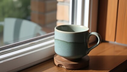 Minimalist Ceramic Coffee Mug on Wooden Coaster by the Window