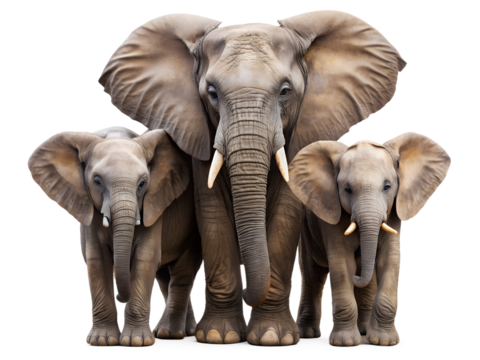 Elephant family isolated on transparent background a large adult elephant with two baby elephants standing together looking at the camera
