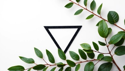 Minimalist Flat Lay of Green Foliage and Black Triangle